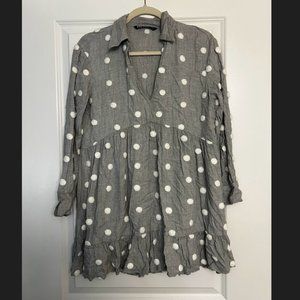 Zara Grey and White Polka Dot Long Sleeve Collared Mini Dress
